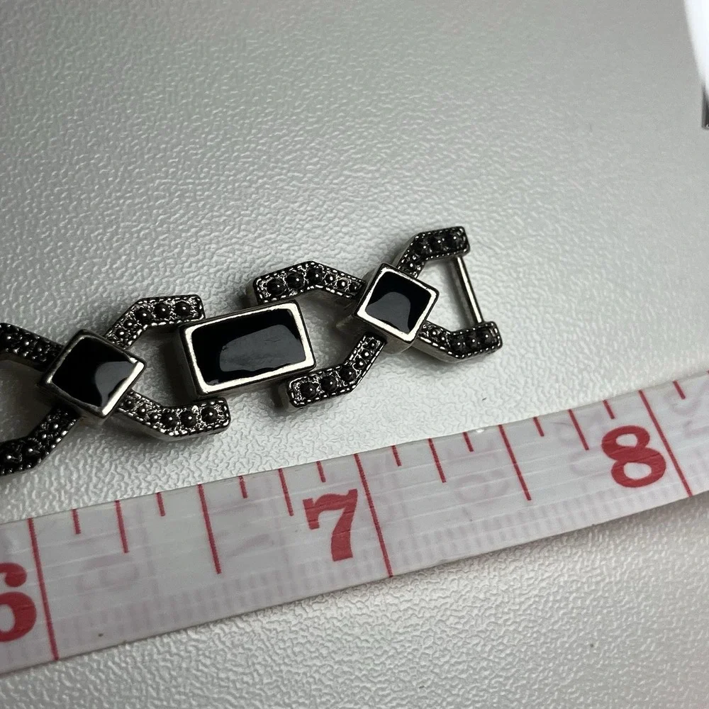 Vtg Silver Tone Art Deco Black Enamel Faux Marcasite Bracelet Great Gatsby Glam